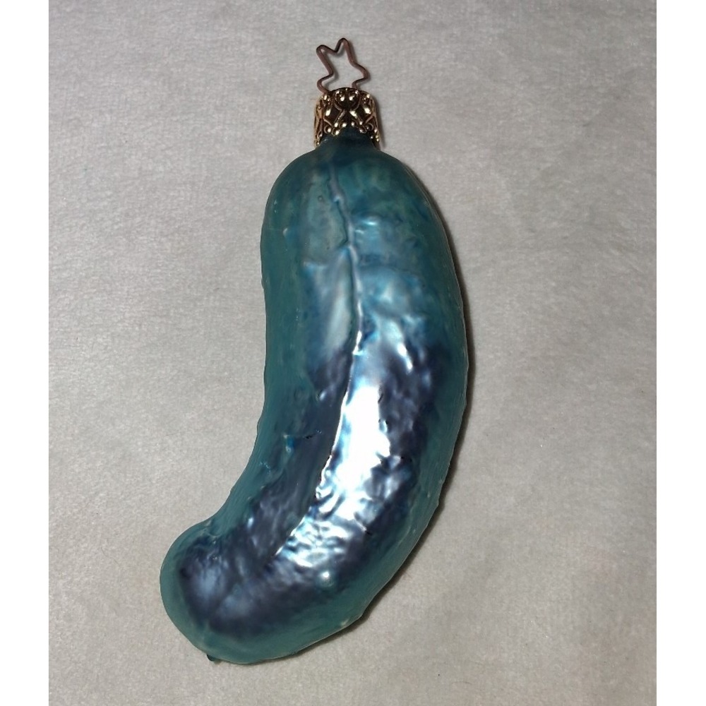 Inge Glas Germany Pickle Cucumber Christmas Ornament 4" Metallic Blue Teal Star